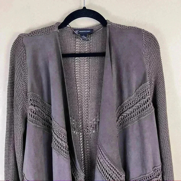 International Concepts Brown Faux Suede Knit Fringe Open Cardigan Size L - Picture 2 of 13